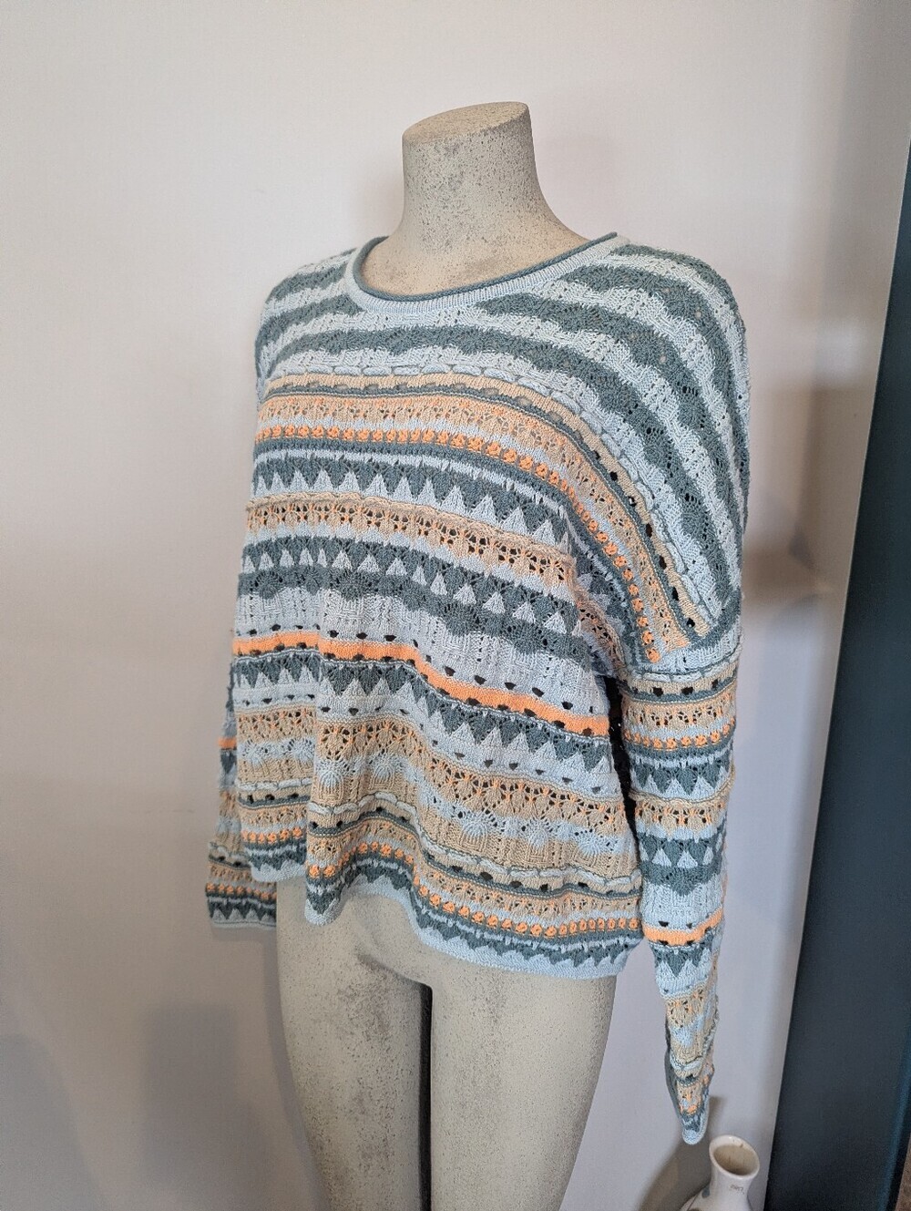 New Cotton linen blend Crochet Crop Sweater, cozy comfy Chic Knit Sweater Sz XL